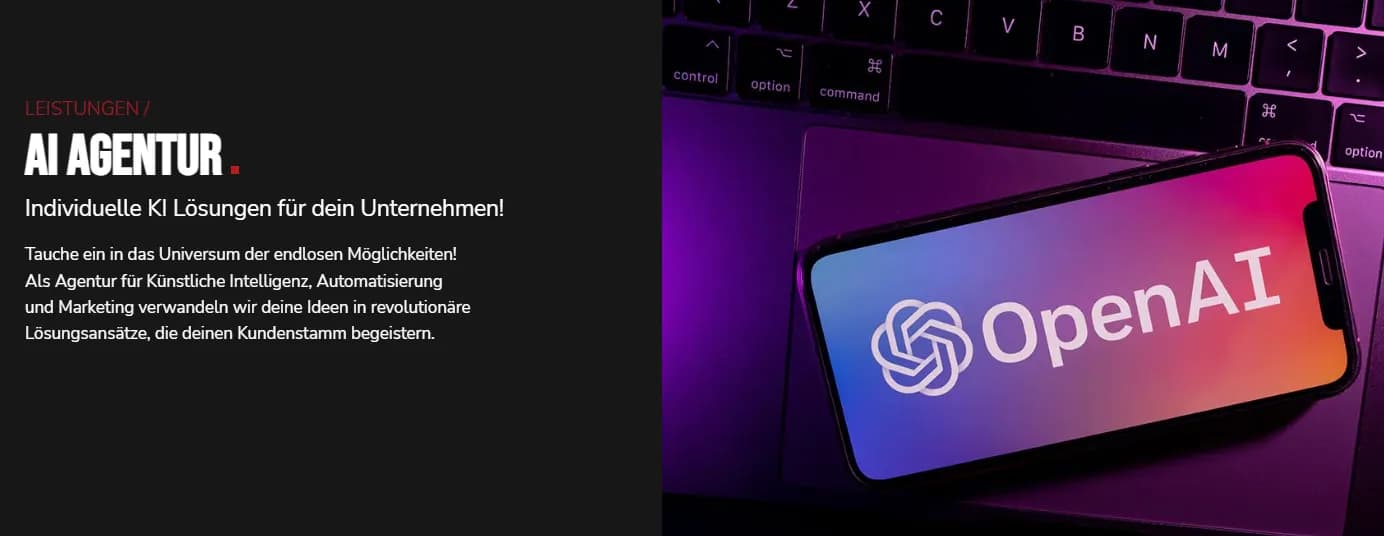 Website of the BRANDJUNG Agentur with a smartphone and OpenAI logo, specializing in individual AI solutions and chatbots.