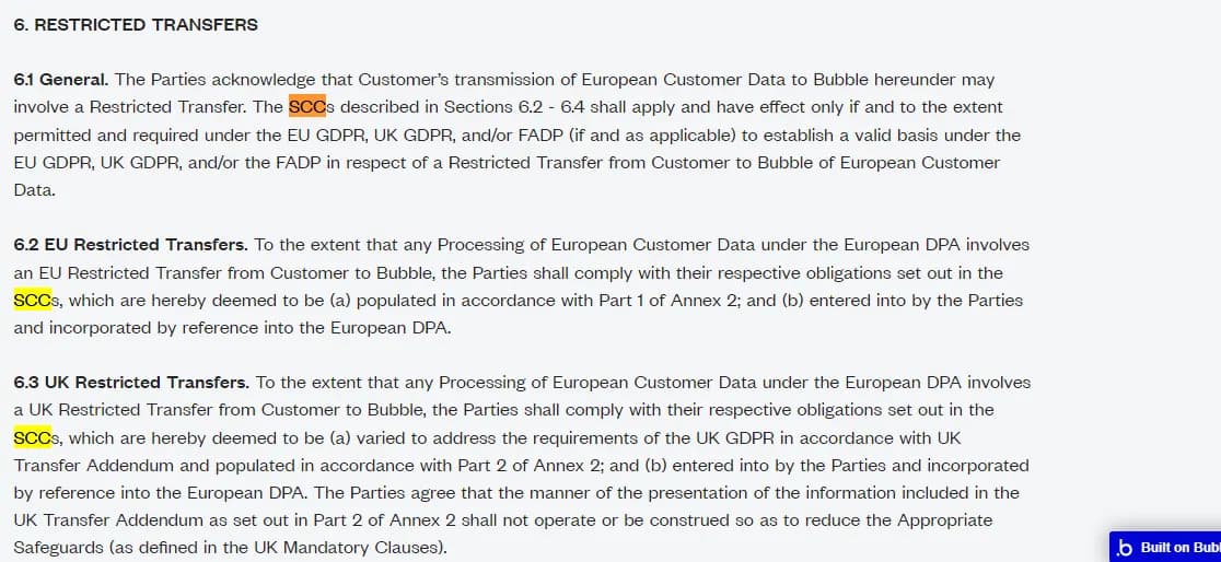 Bubble.io has correctly included the SCC into the DPA, which ensures compliance with GDPR