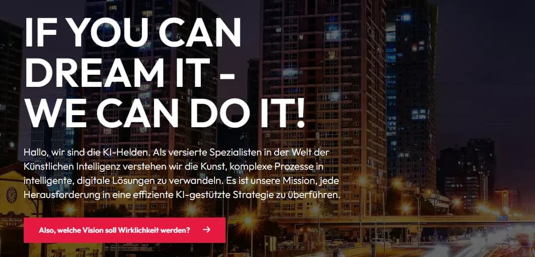 Homepage of KI Helden from Osnabrück with a nighttime city view and the promise of efficient, digital AI solutions.