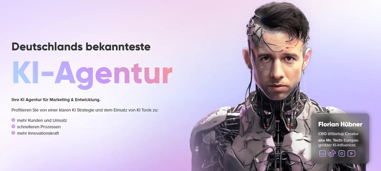 A website for startup founders with a humanoid robot and a focus on AI strategies for marketing and revenue growth.