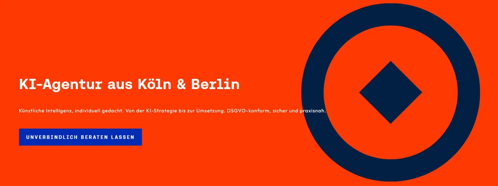 Homepage of the AI agency Brandung with a striking orange-blue design and a focus on AI strategy and implementation in Cologne and Berlin.