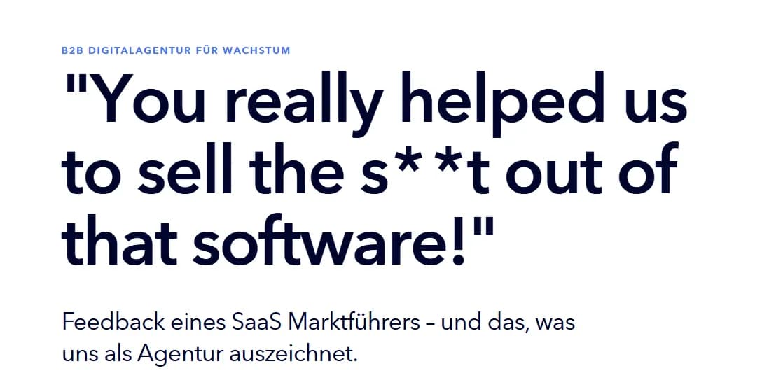 SNK agency landing page highlighting a bold client testimonial and their focus on B2B growth