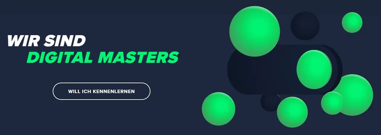 Digital Masters agency website with a modern design featuring green 3D spheres