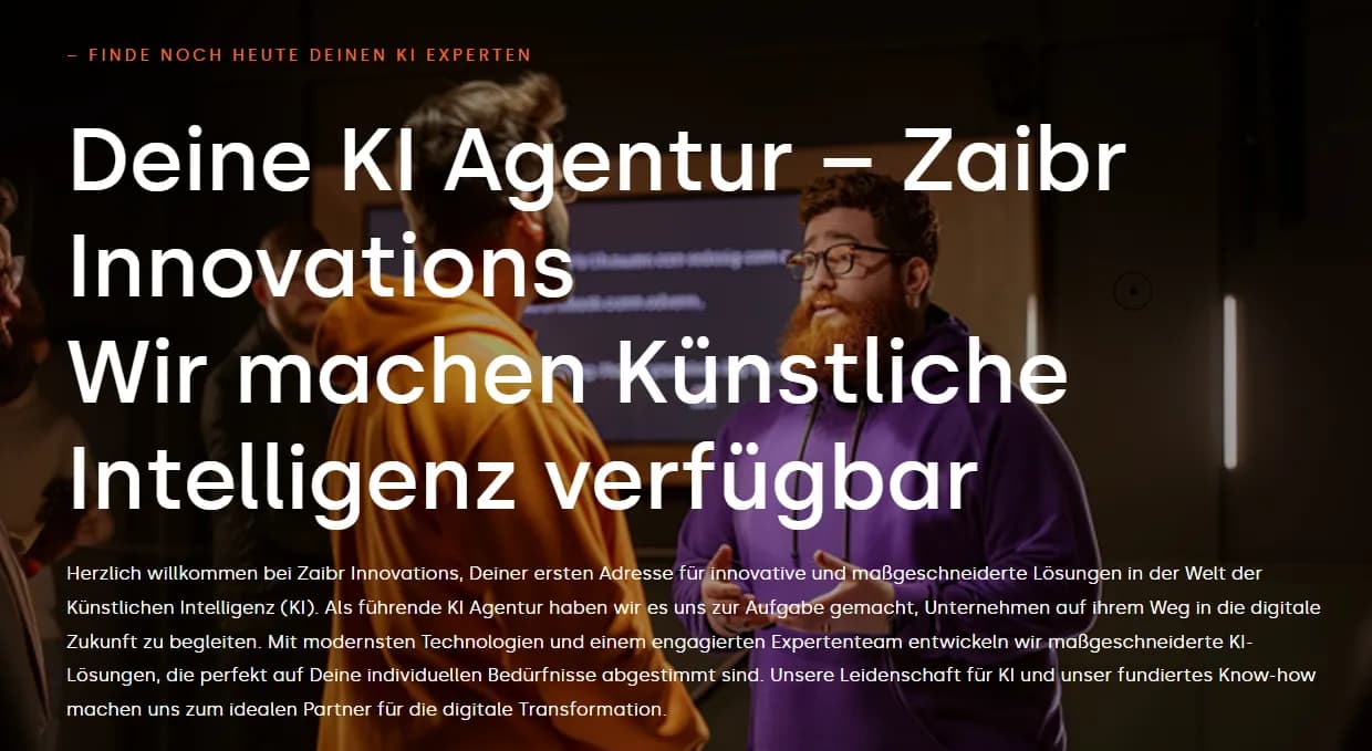 Website of Zaibr Innovations with a team photo and a focus on innovative AI development and digital transformation.