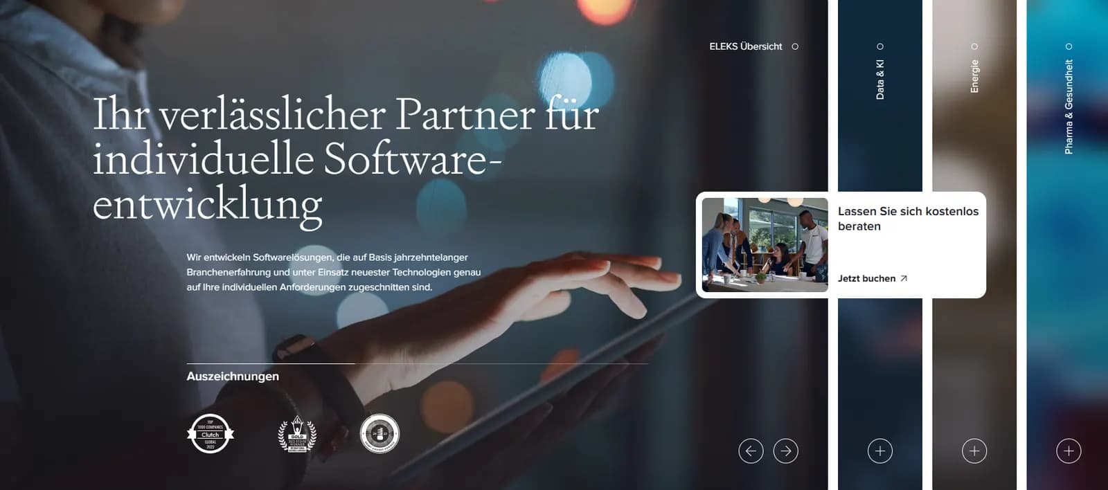 ELEKS agency website featuring their expertise in custom software development and industry awards