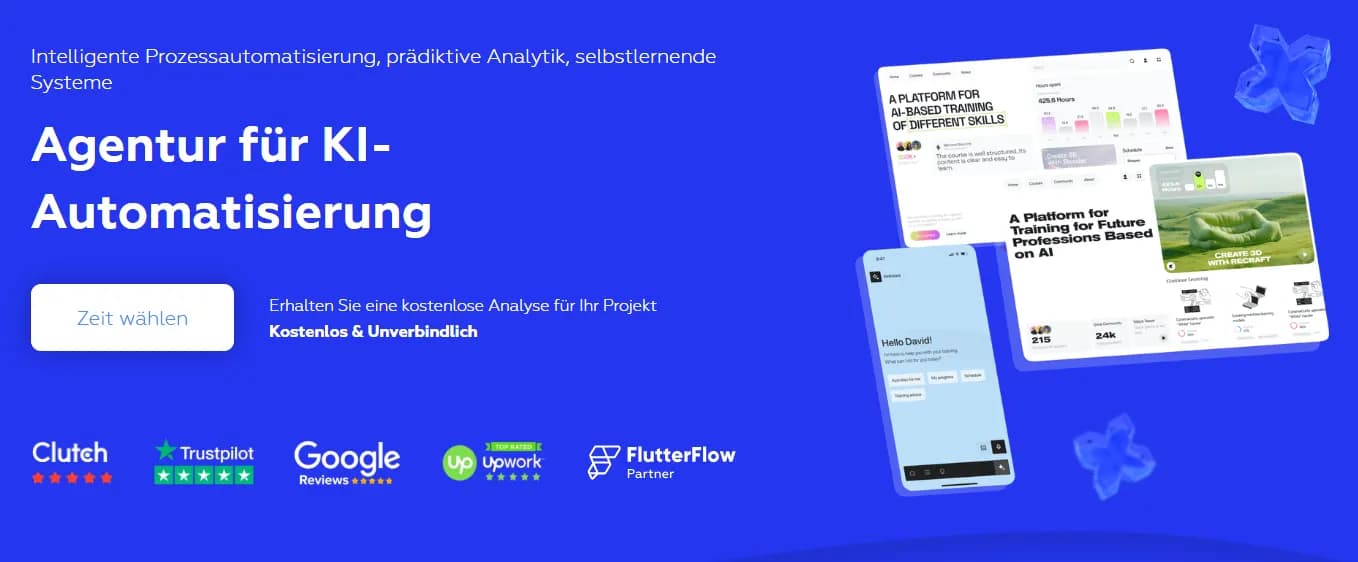 Homepage of Xmethod, an agency for AI automation and low-code solutions, including reviews from Clutch and Trustpilot.