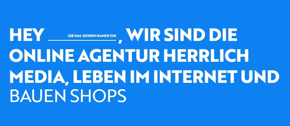 Herrlich Media homepage with a bold, personalized greeting and blue background