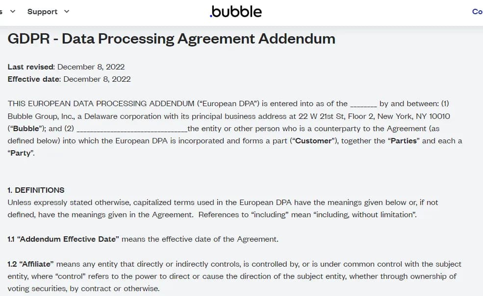 Bubble.io has a detailed and robust DPA