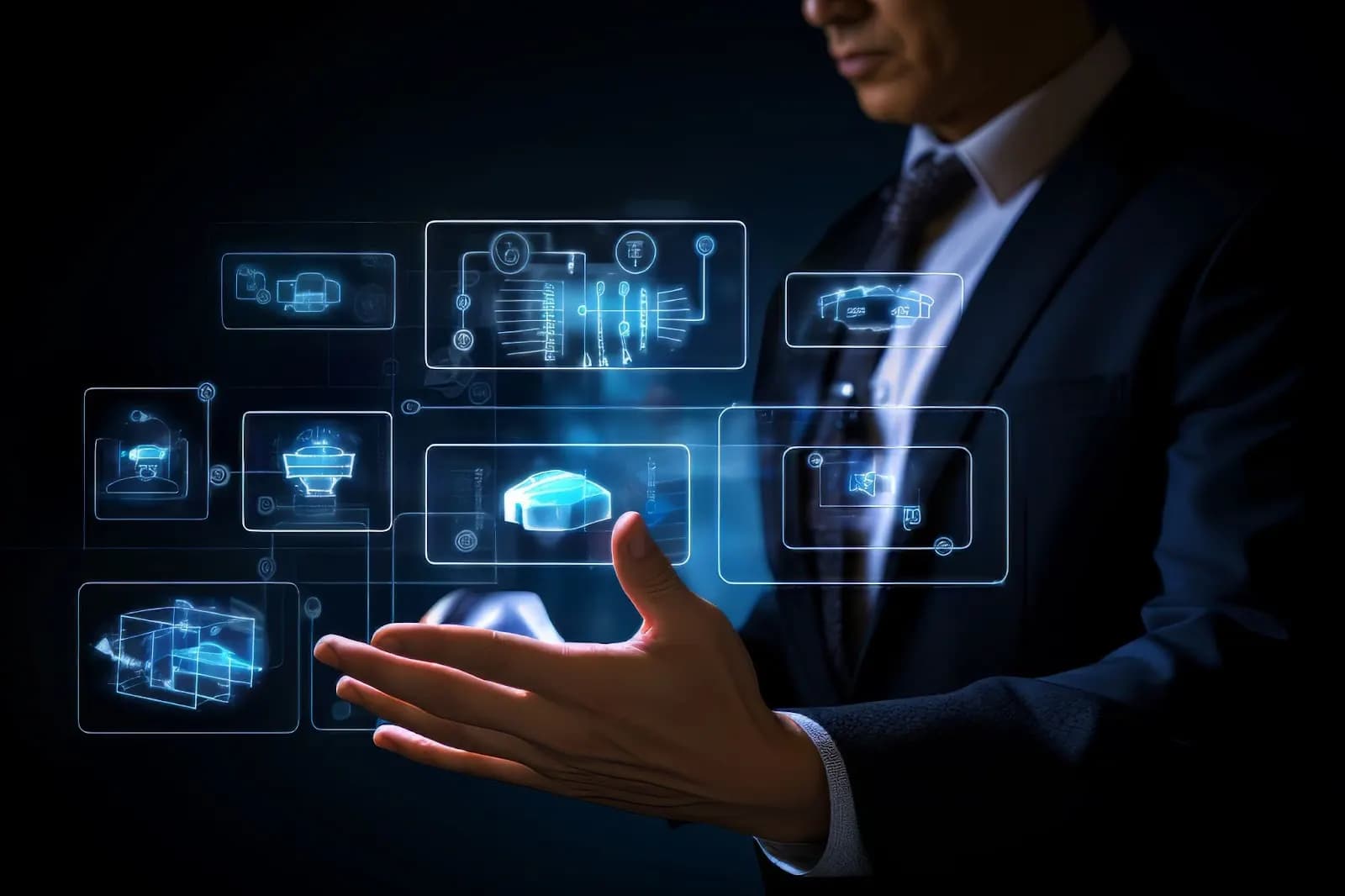 A business executive holding a virtual array of data screens and modules in his hand, representing the flexibility and control provided by low-code platforms.