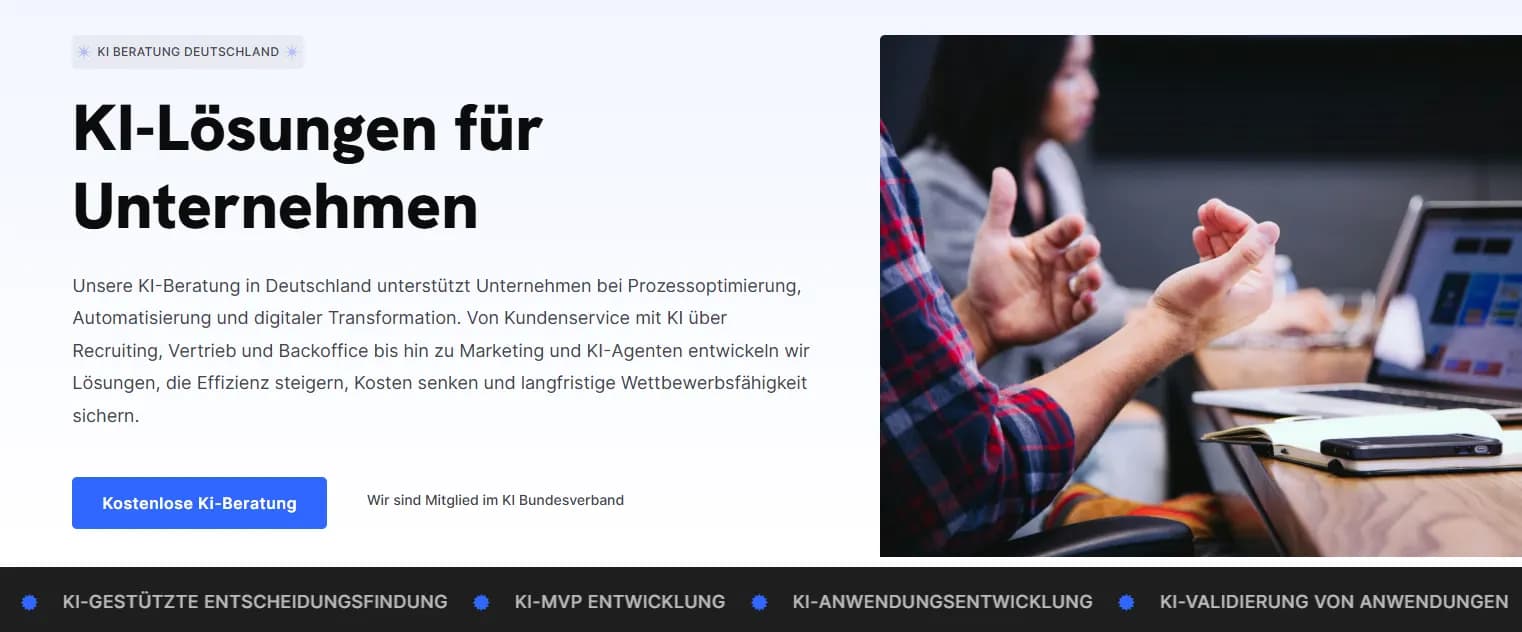 Website of KI-Beratung-Deutschland, showing AI solutions for process optimization and digital transformation in business.