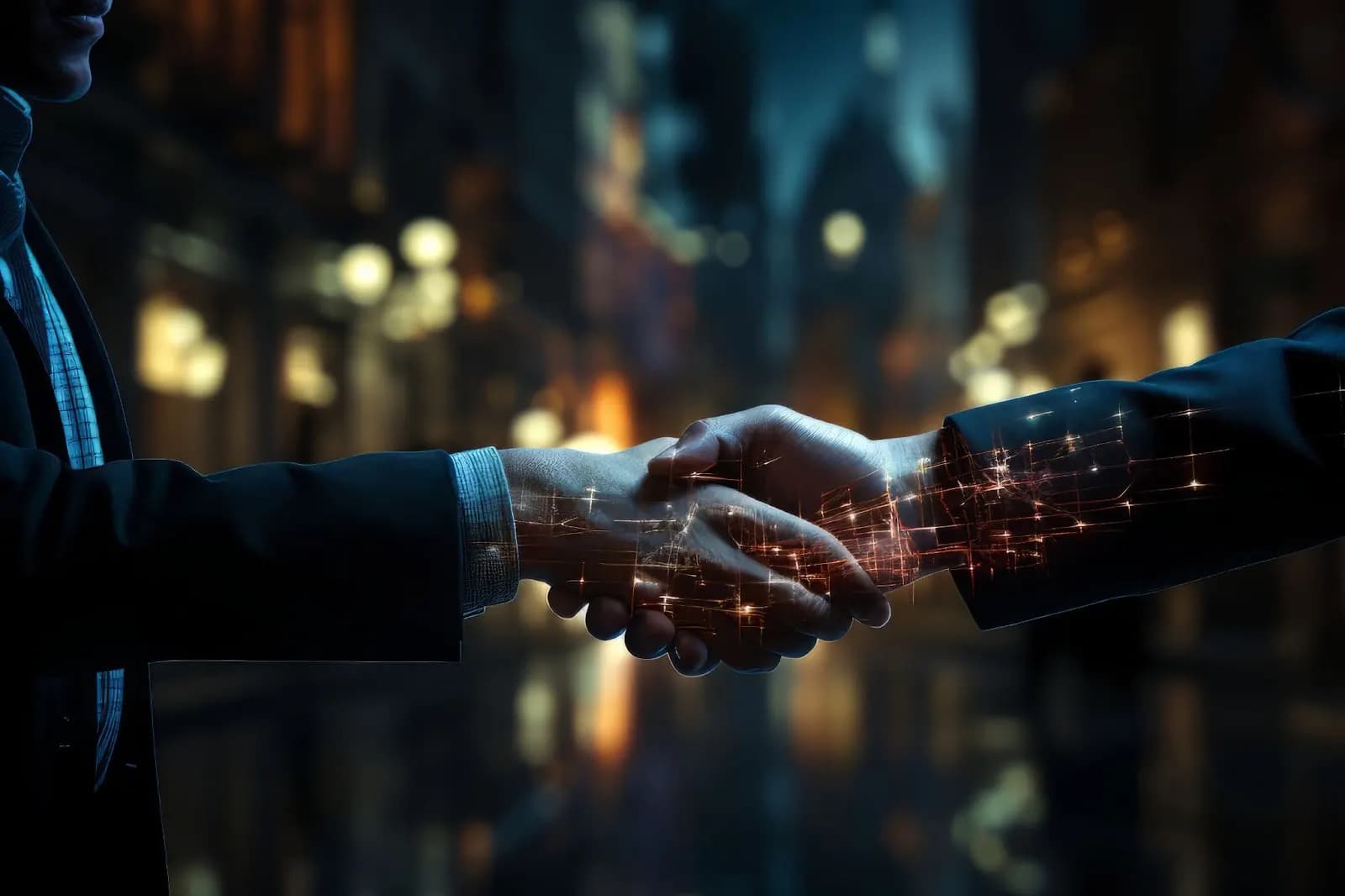 A futuristic handshake with glowing digital circuit lines, visualizing the seamless integration of different IT systems and the transition to digital transformation.