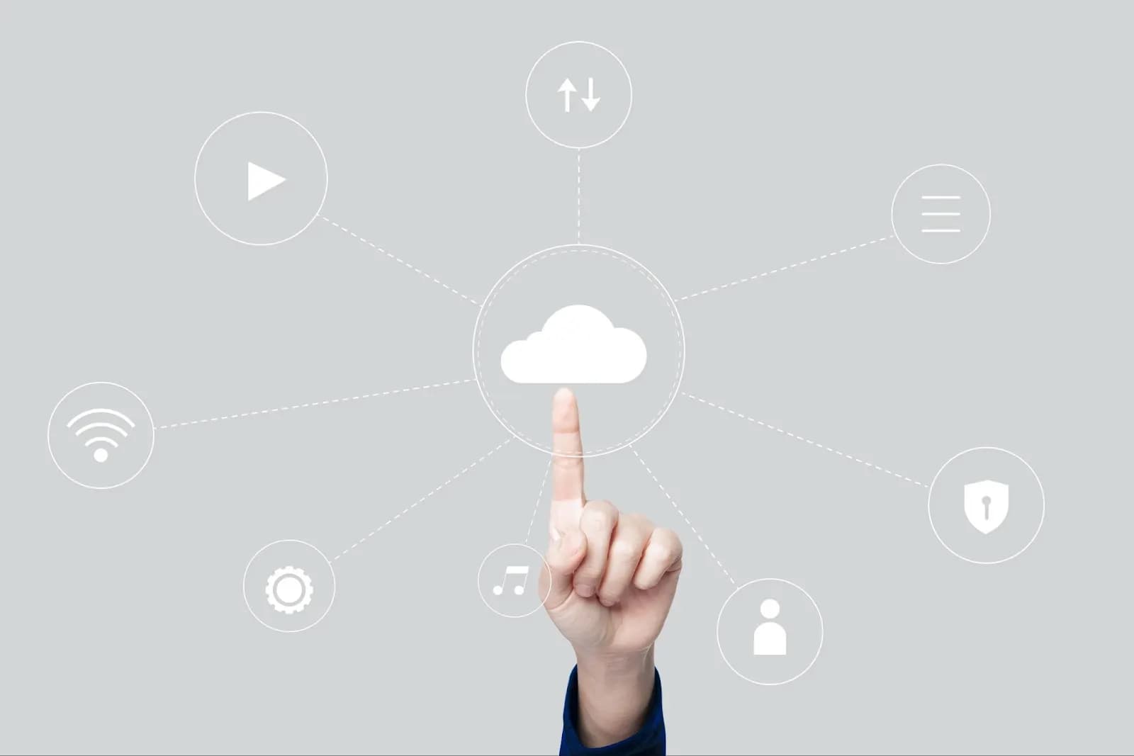 A hand interacting with a central cloud icon on a visual interface, demonstrating how low-code connects different services and databases.