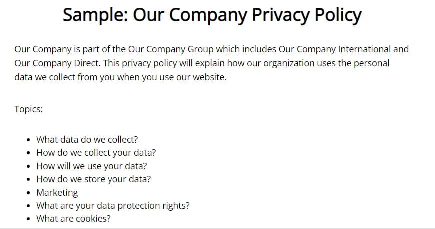 Privacy policy show in the linked article is fully ready to be use, and it's GDPR comliant