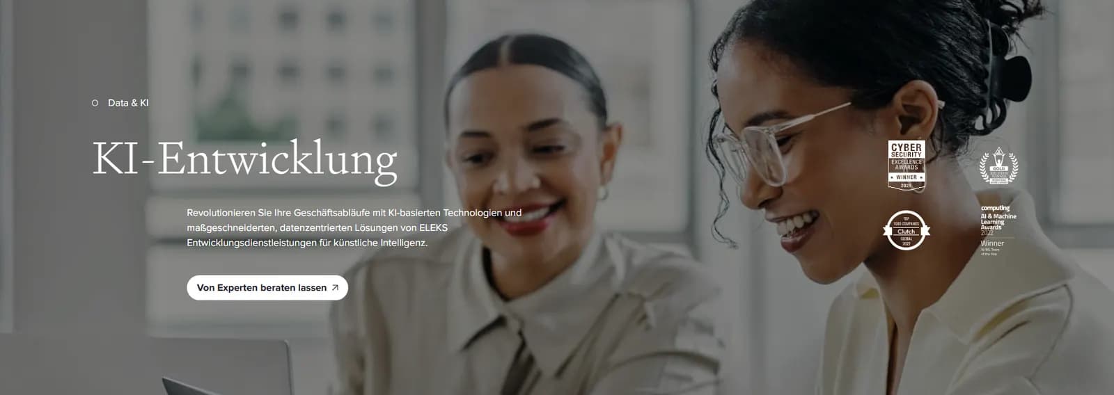 Website of ELEKS focusing on tailored AI development and software solutions for optimized business processes.