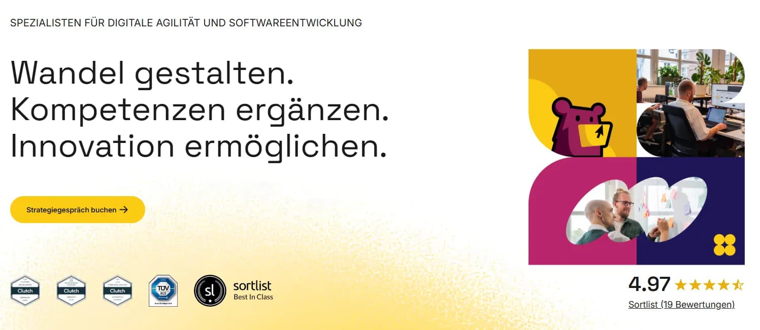 Berlin Bytes website showcasing high ratings on Sortlist and Clutch alongside their innovation services
