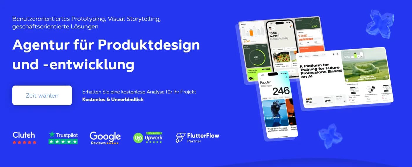 Header of the Xmethod agency for product design and development featuring app user interfaces and trust seals from Clutch and Trustpilot