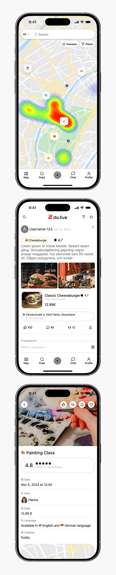 2do.live Mobile-Karte, Empfehlungsfeed und Aktivitätsdetailseite