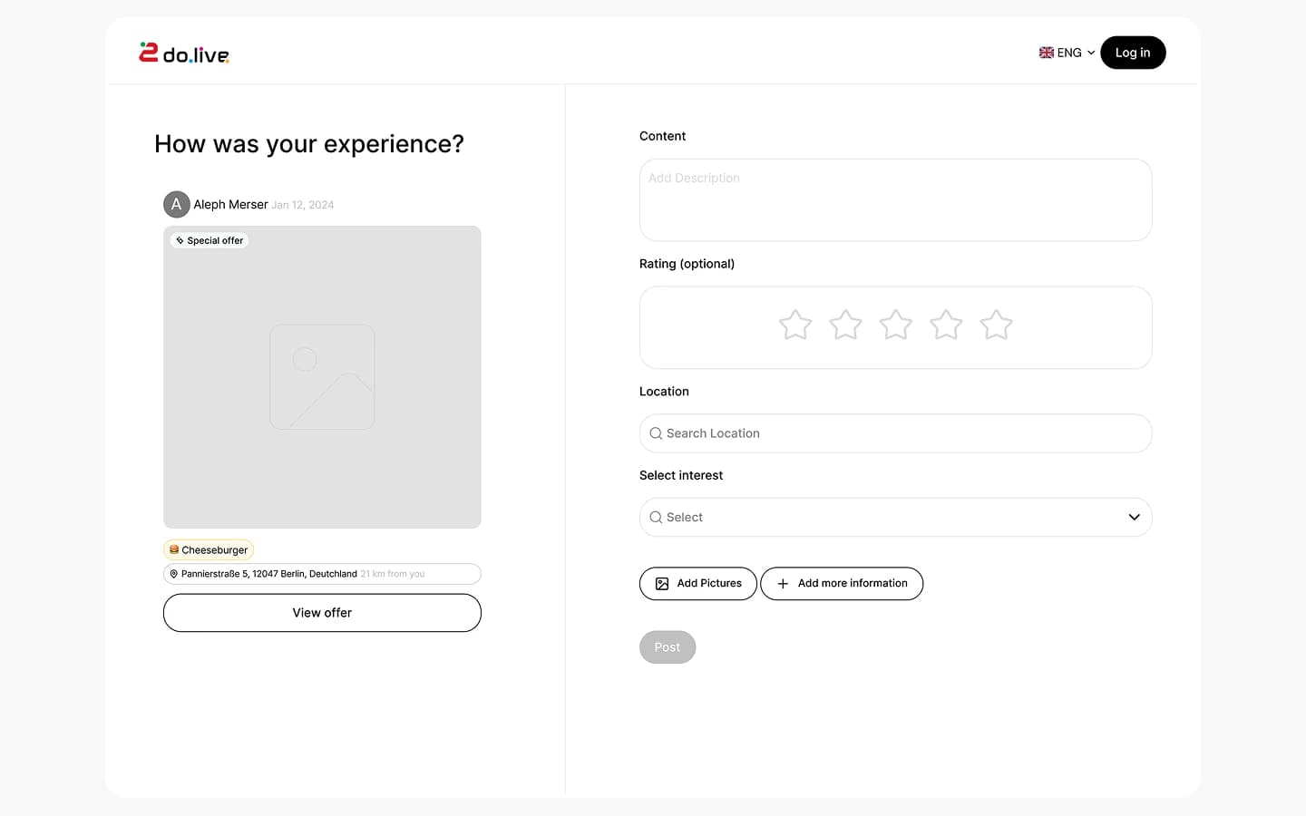 2do.live Desktop-Bewertungsformular neben dem ausgewählten Angebot