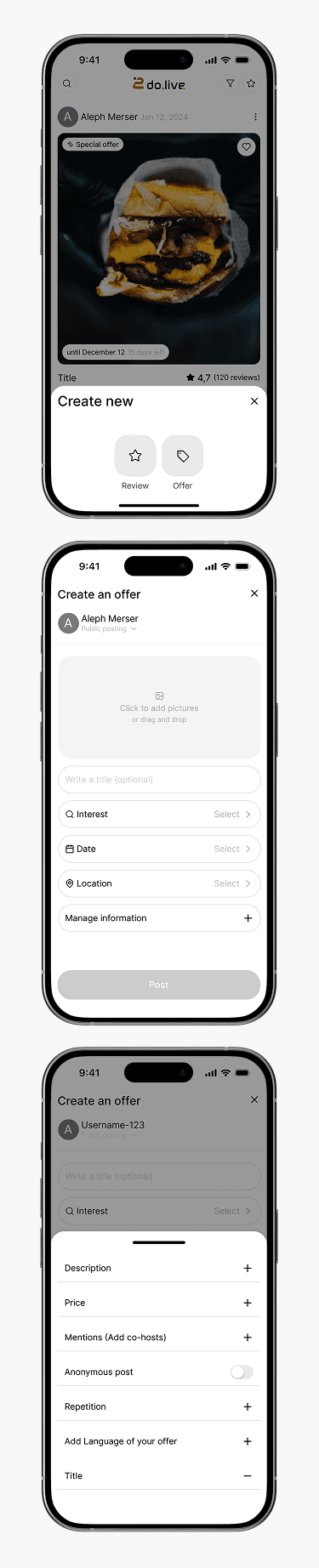 2do.live Erstellen-Menü und mobiles Formular für neue Angebote