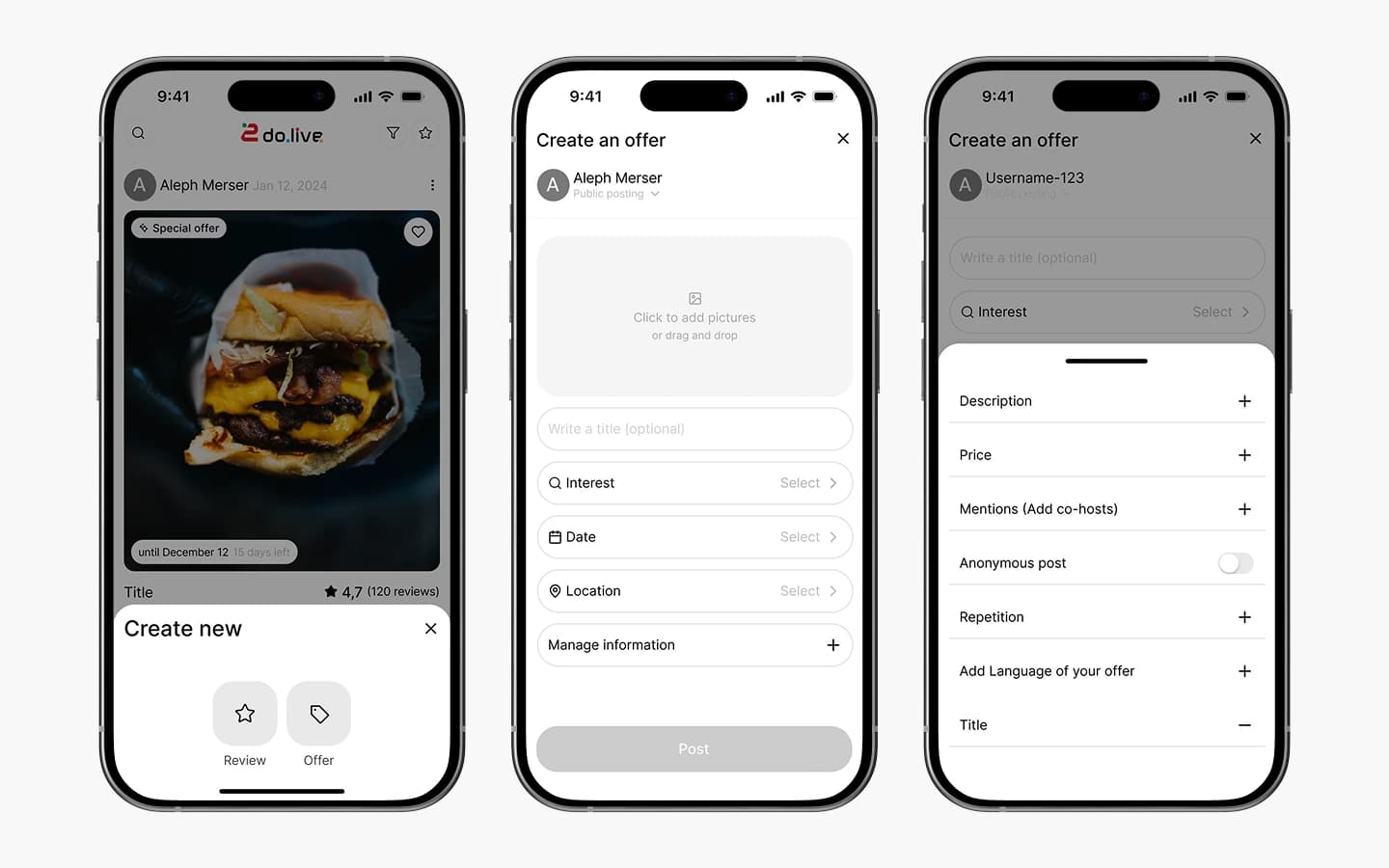 2do.live Erstellen-Menü und mobiles Formular für neue Angebote