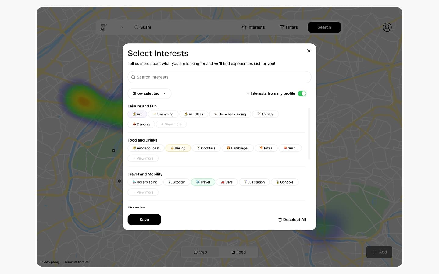 2do.live Interessenauswahl als Dialog über der Discovery-Karte