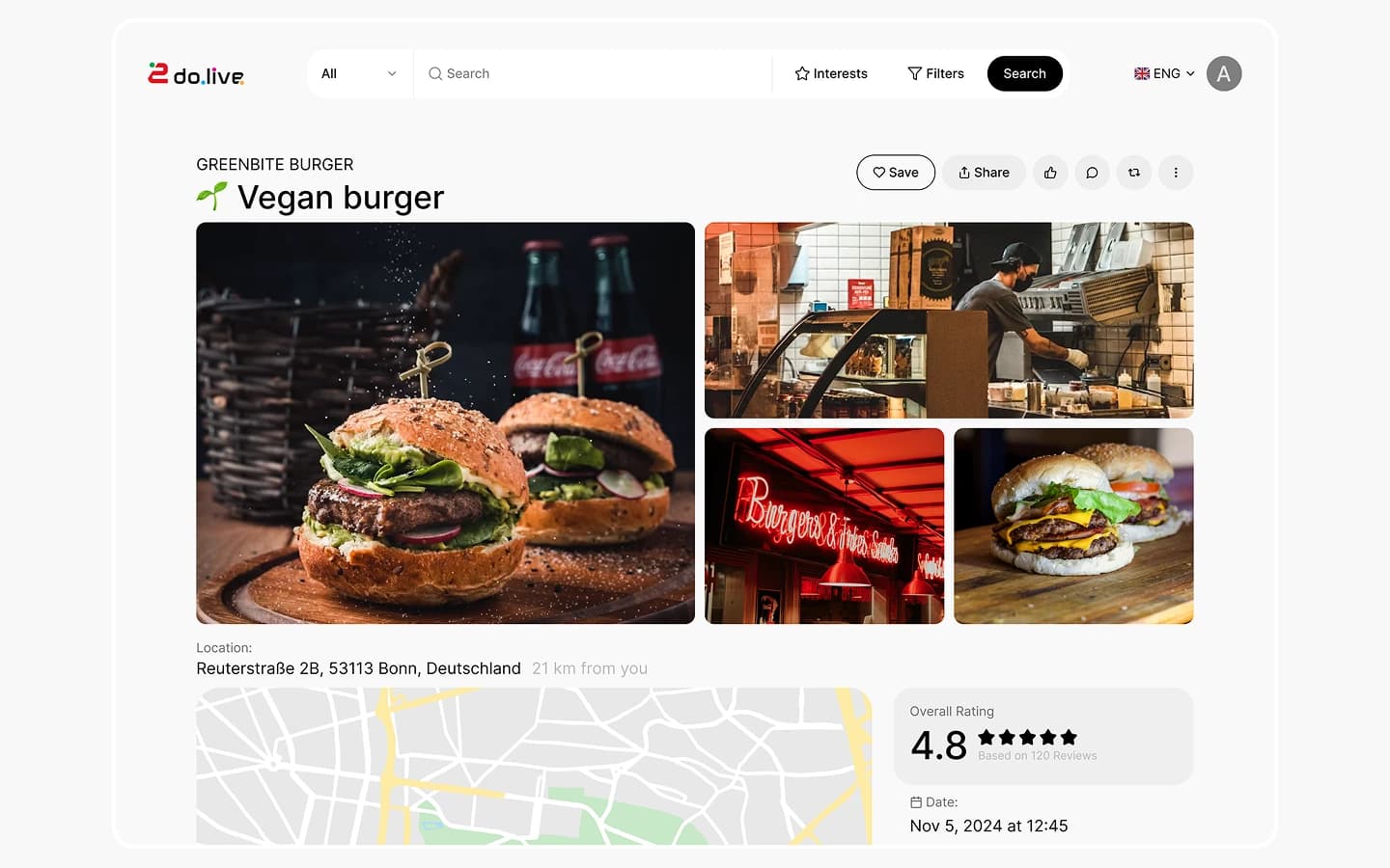2do.live Webdetailseite mit Galerie, Standortkarte, Bewertung und Datum