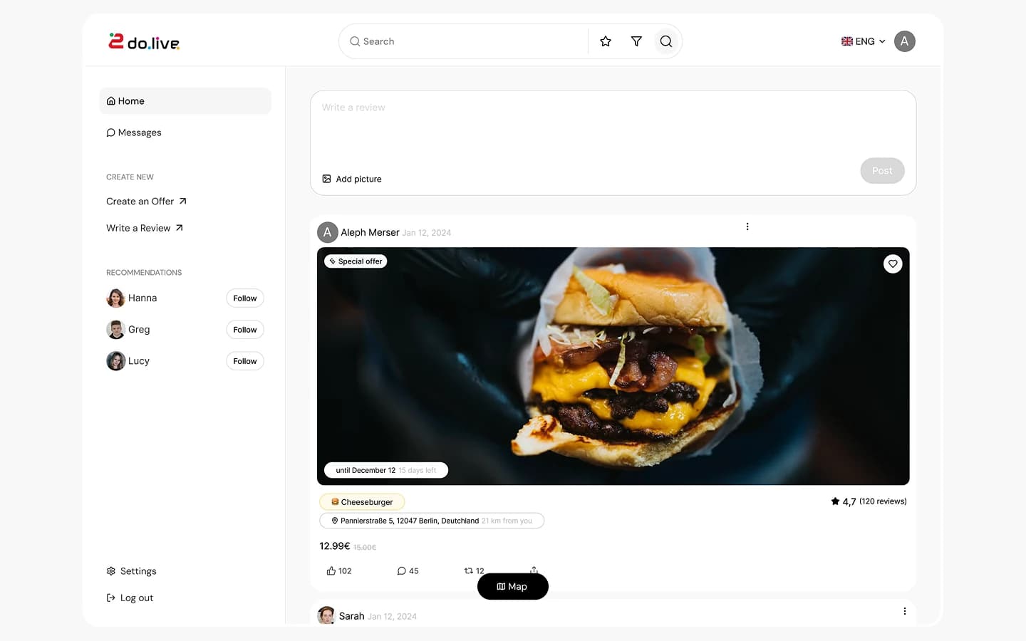 2do.live Desktop-Feed mit Angebot und empfohlenen Profilen