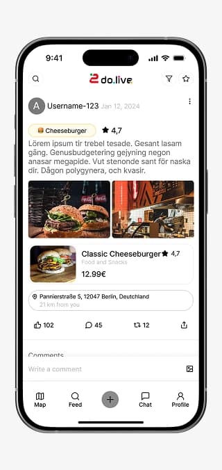 2do.live Community-Feed mit einer lokalen Restaurantempfehlung