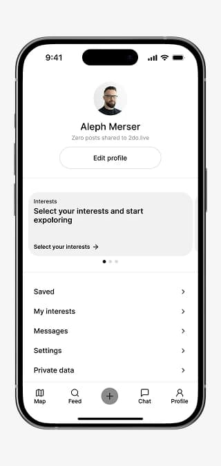 2do.live Profil mit Interessen, gespeicherten Inhalten, Nachrichten und Einstellungen