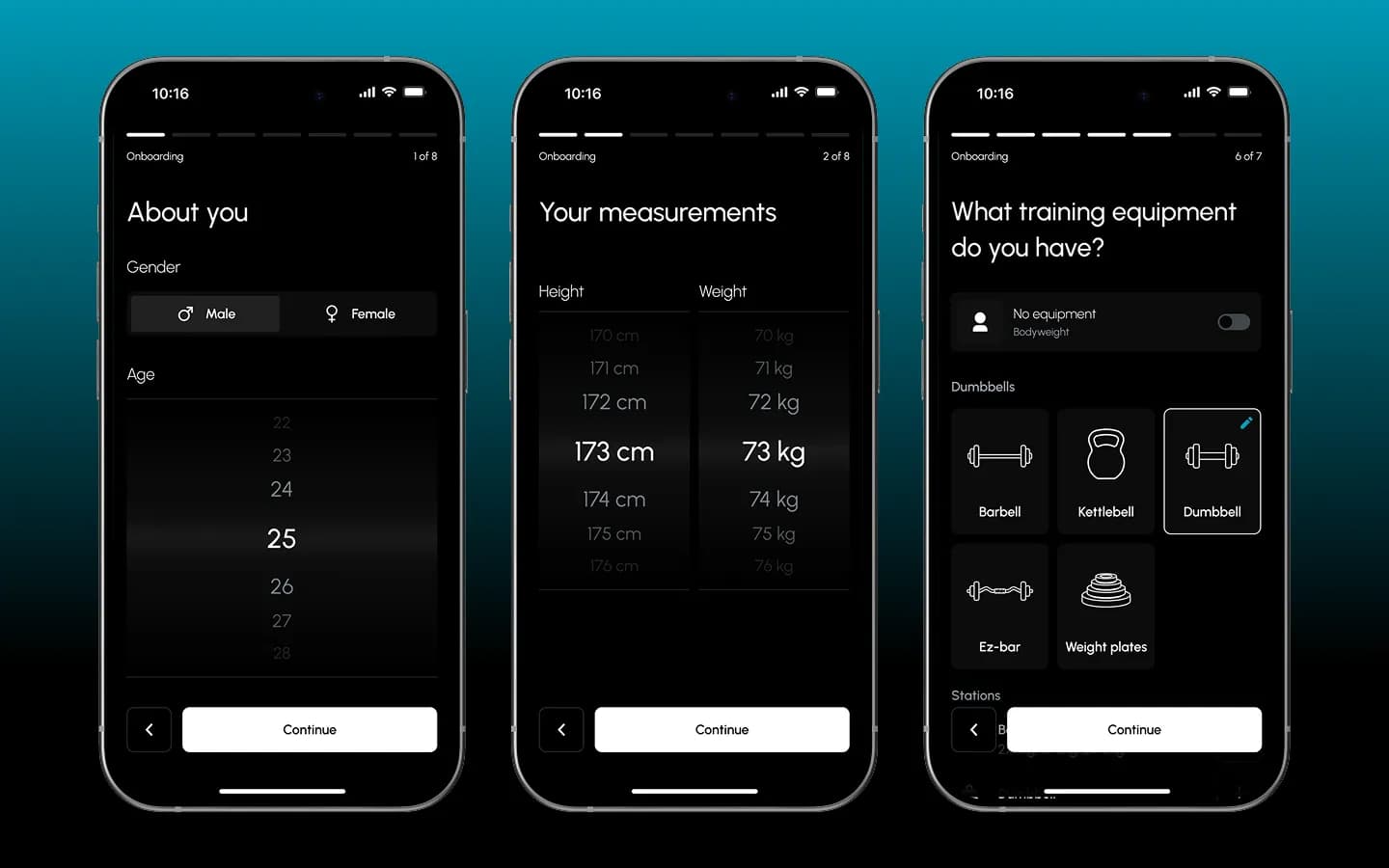 Onboarding-Screens für Profil, Körpermaße und Trainingsequipment