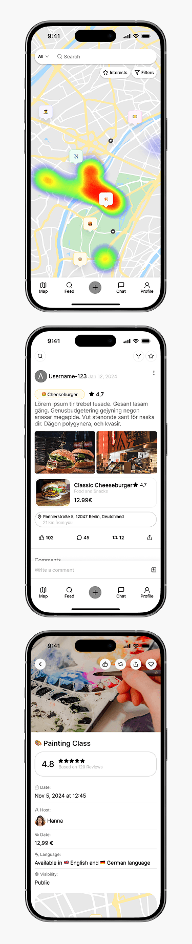 Mobile-Karte, Empfehlungsfeed und Aktivitätsdetailseite