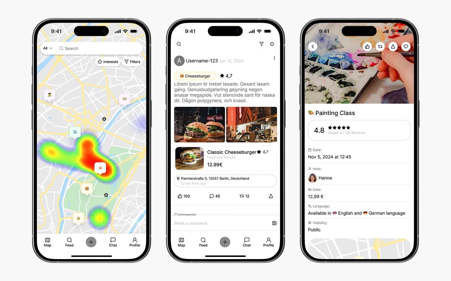 Mobile-Karte, Empfehlungsfeed und Aktivitätsdetailseite
