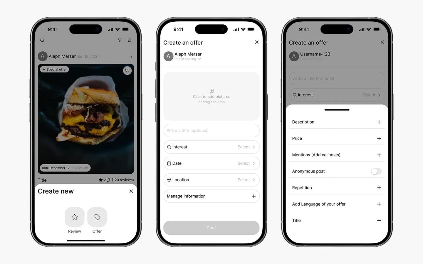 Erstellen-Menü und mobiles Formular für neue Angebote