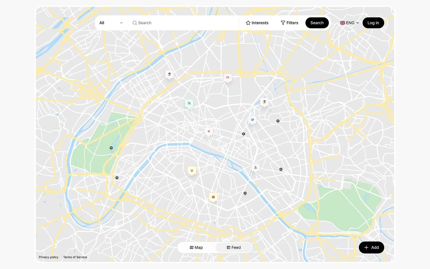 Webkarte mit Suche, Interessen, Filtern und Aktivitätsmarkern