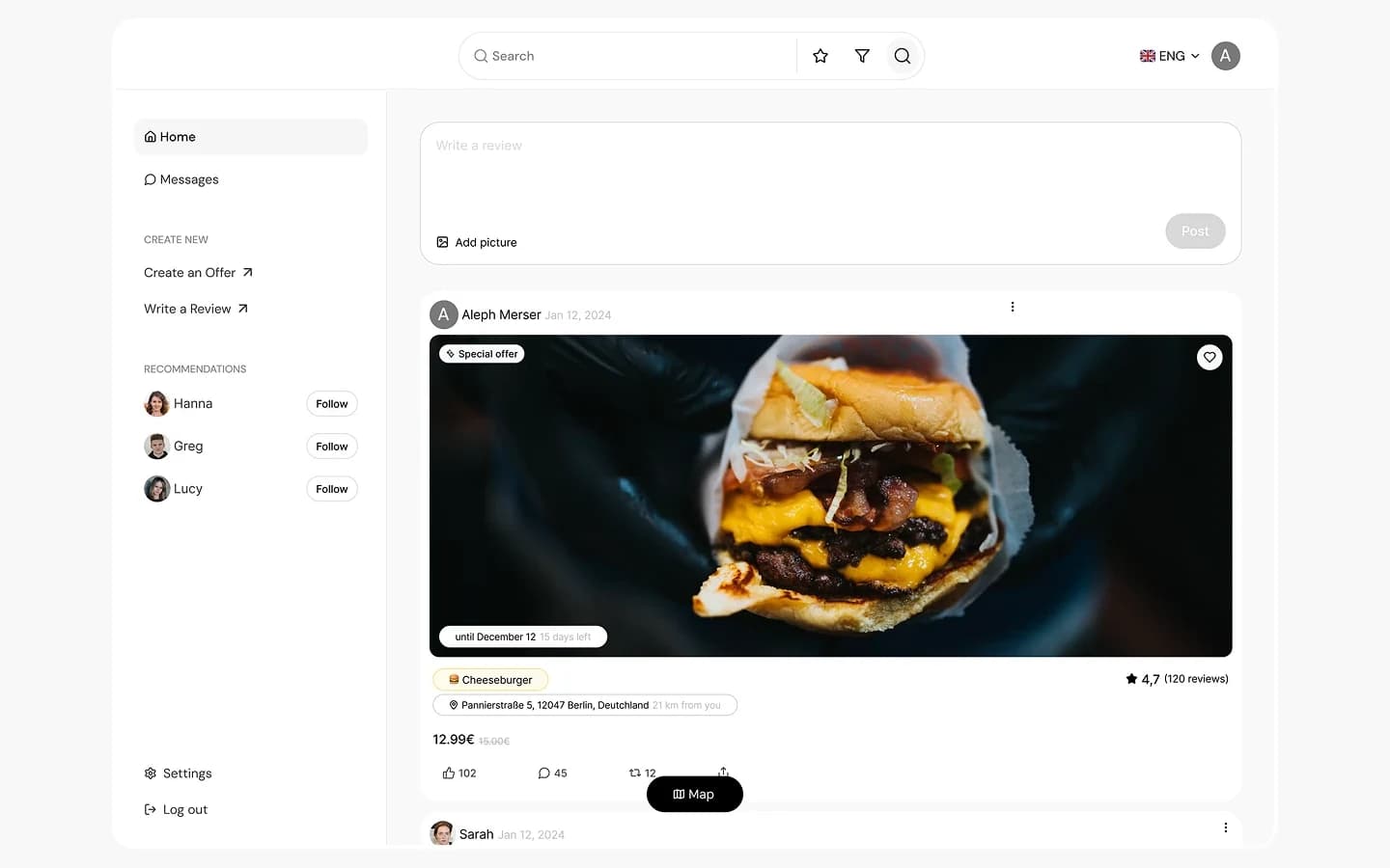 Desktop-Feed mit Angebot und empfohlenen Profilen