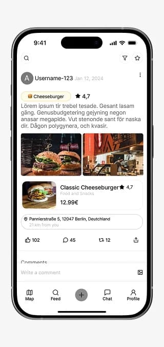 Community-Feed mit einer lokalen Restaurantempfehlung