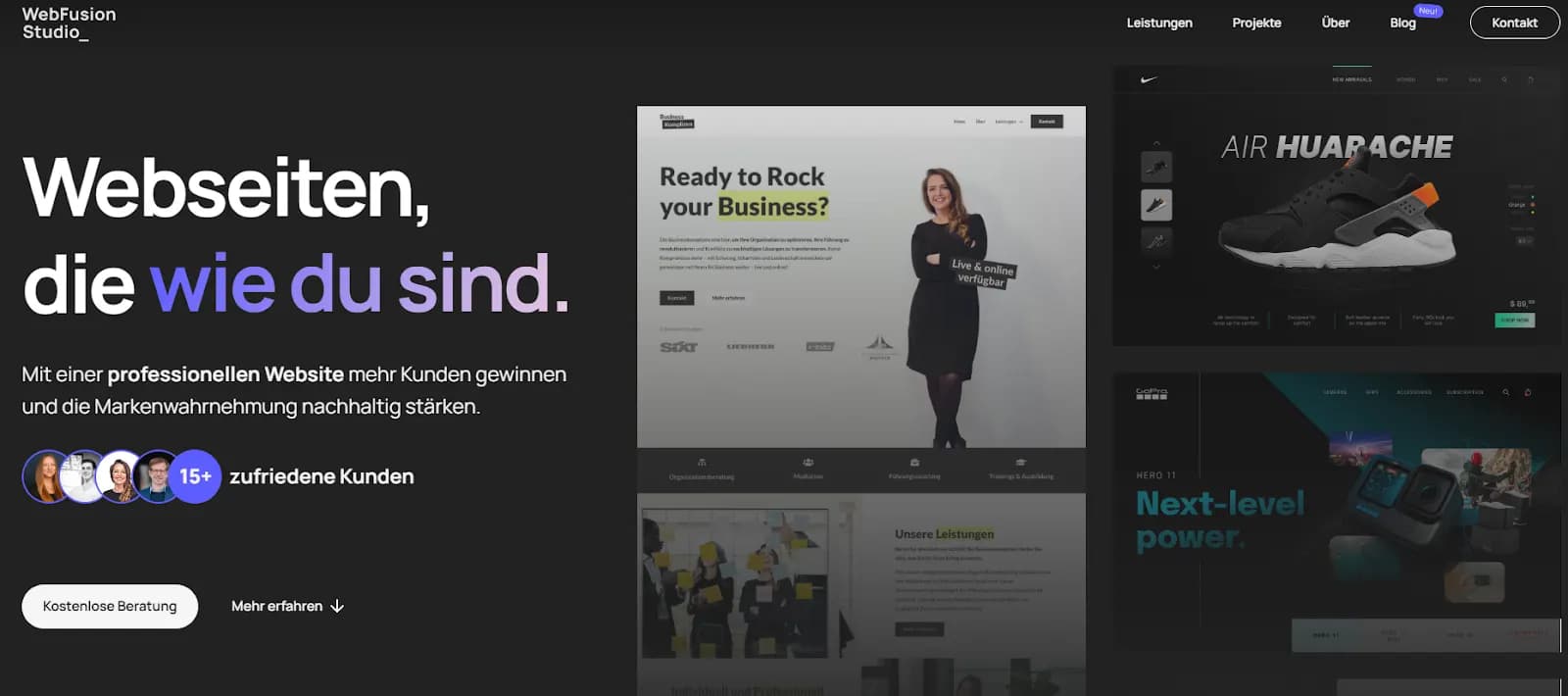 Startseite des Webfusion Studios mit Referenzprojekten und dem Fokus auf individuelle Webseiten