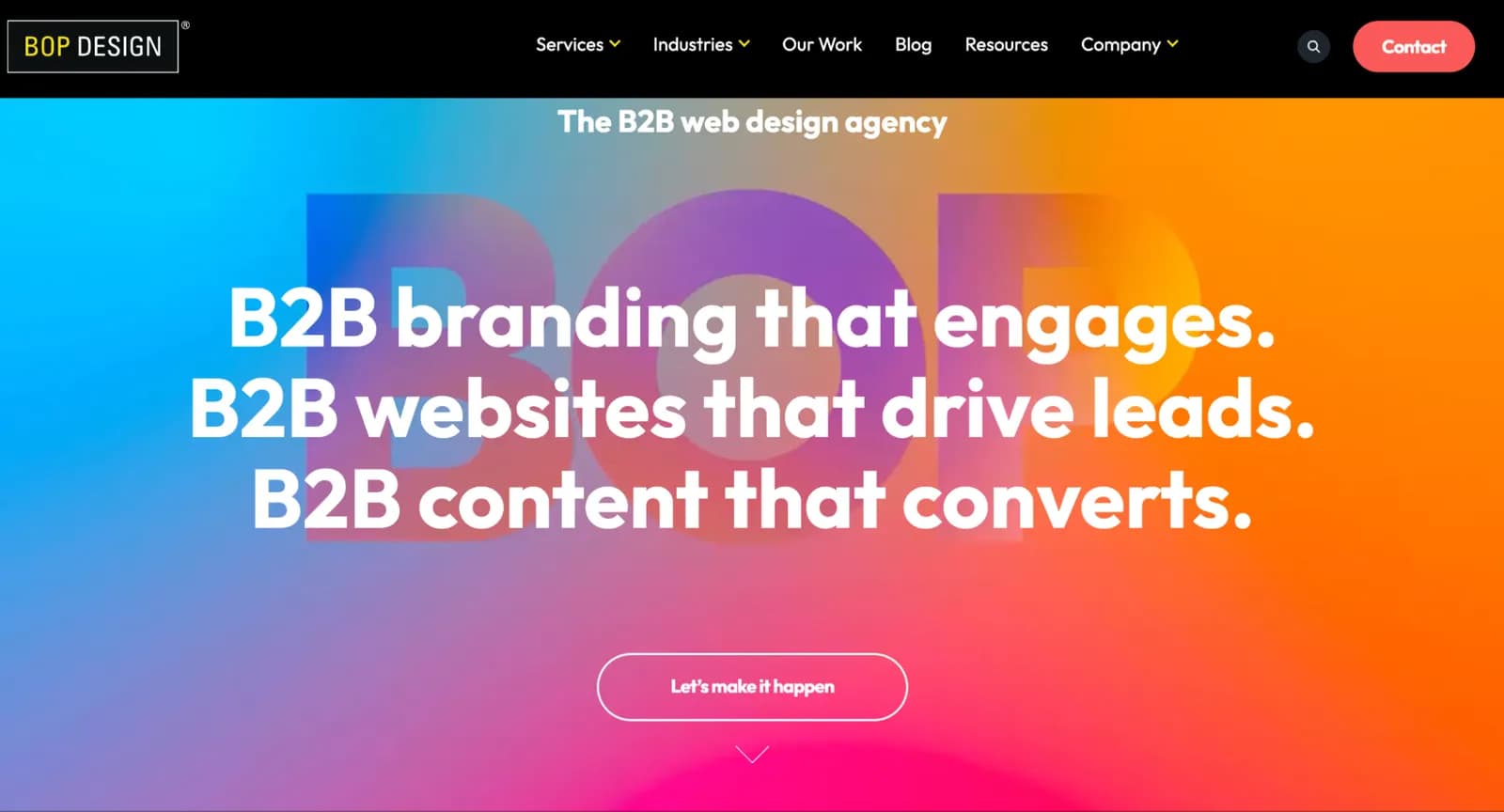 Screenshot of the Bop Design homepage emphasizing lead generation and brand growth for B2B firms