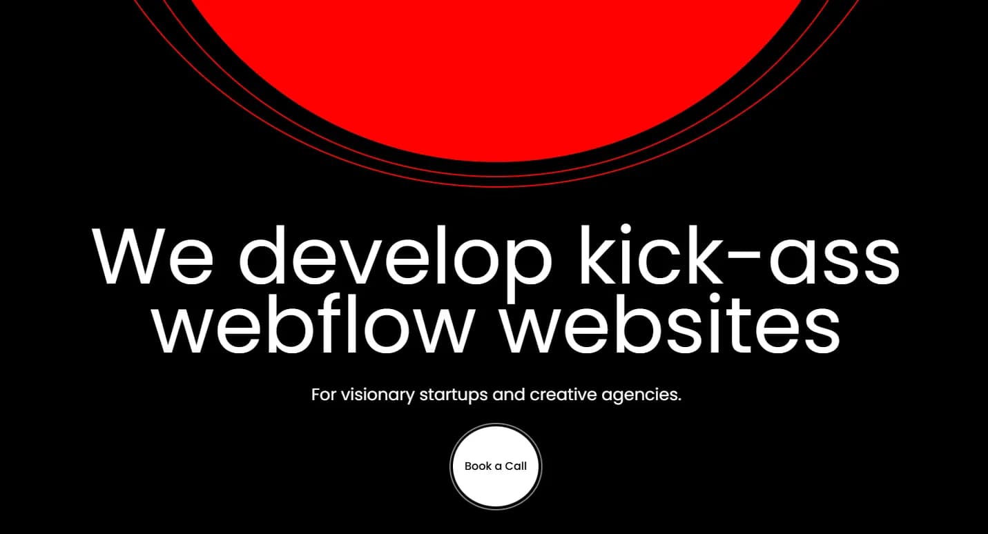 Startseite der Webflow-Agentur Kabarza mit markantem Design und dem Slogan We develop kick-ass webflow websites