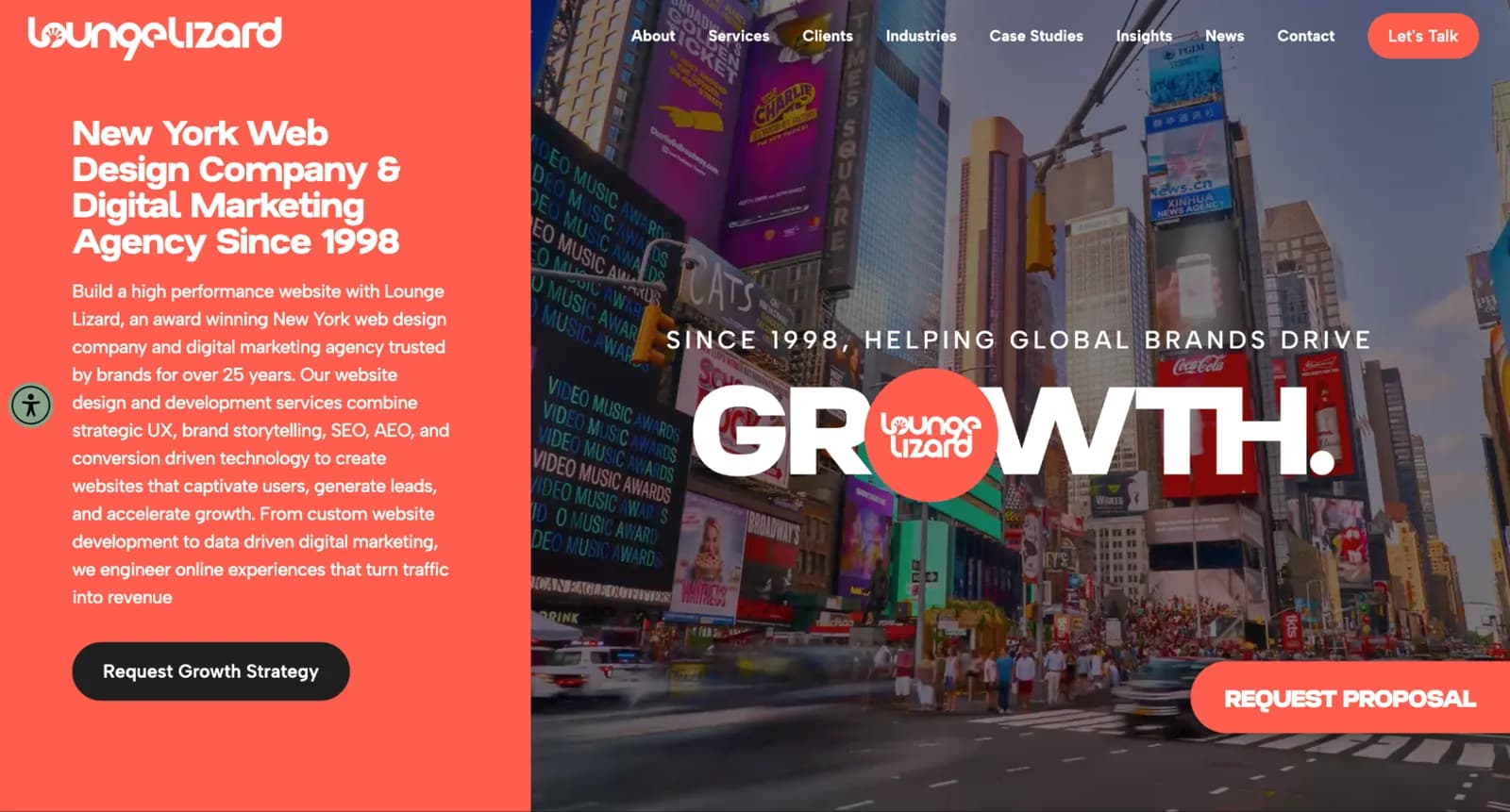 Screenshot of the Lounge Lizard homepage highlighting services for brand growth and digital innovation