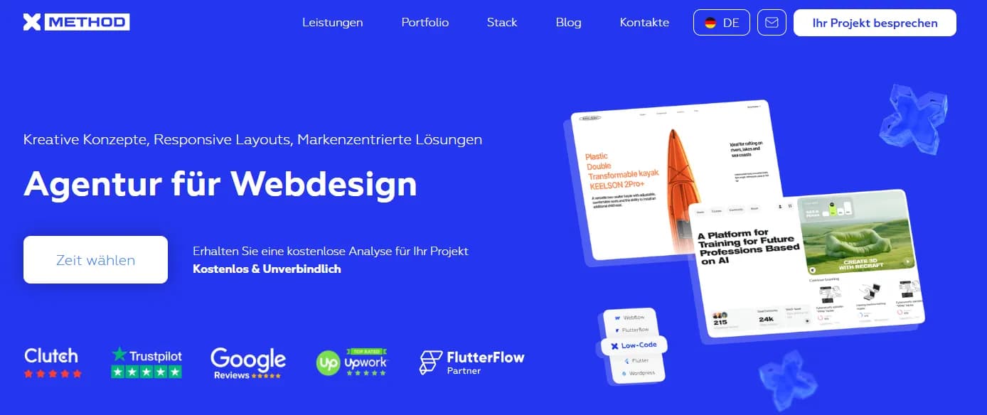 Startseite der Webdesign-Agentur Xmethod mit Fokus auf No-Code-Lösungen und innovatives Design für Startups und Unternehmen.