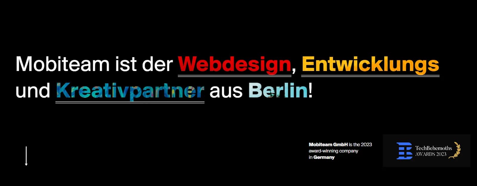 Banner of the Berlin agency Mobiteam, positioning it as a partner for web design and development and showing the TechBehemoths Award 2023. This underlines the expertise in tailored corporate and e-commerce websites described in the text.