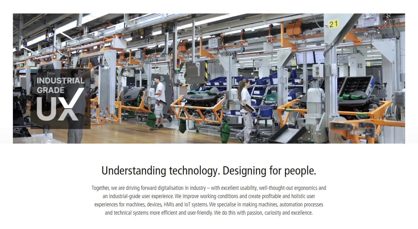 Cadera Design's focus on 'Industrial Grade UX' with a background image of a modern production line