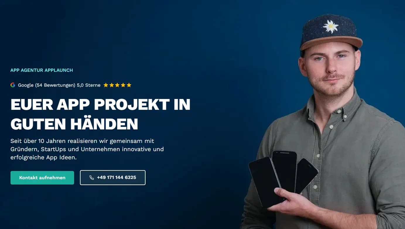 AppLaunch.io homepage featuring the team lead holding smartphones, targeting startups and founders