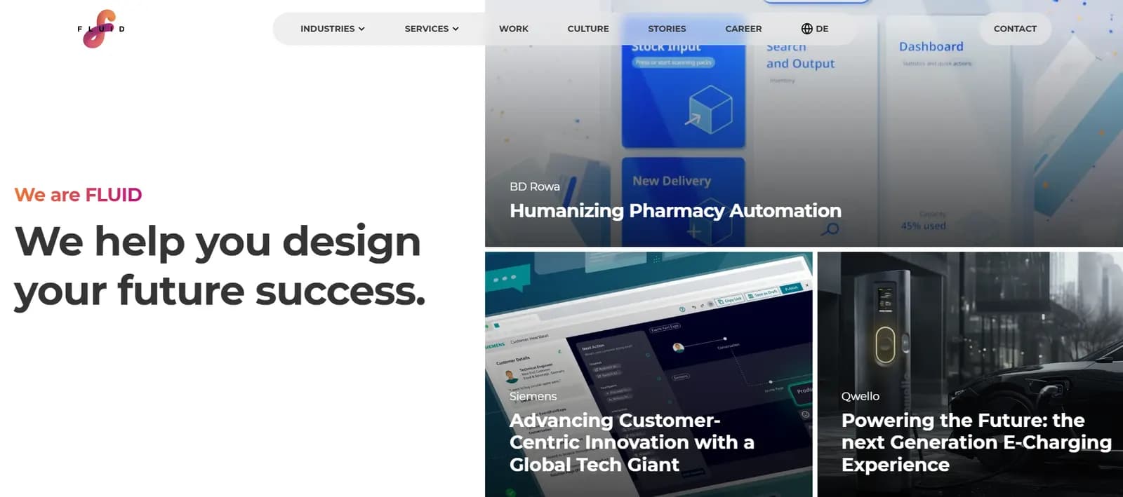 FLUID Design website with portfolio examples from medical technology and e-mobility, along with the slogan 'We help you design your future success'