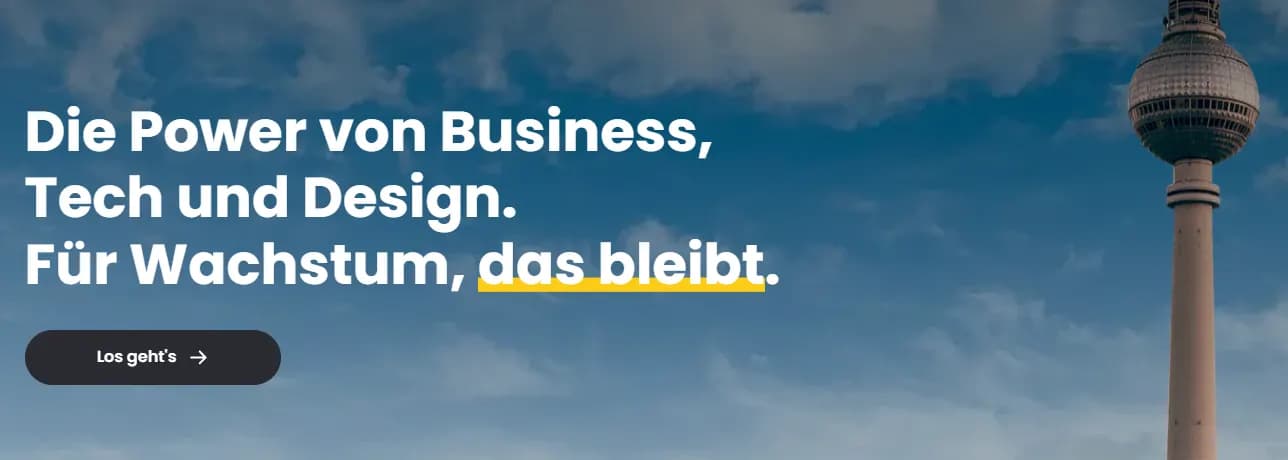 Website der Digitalagentur Berlin Bytes mit dem Berliner Fernsehturm im Hintergrund und dem Fokus auf Business, Tech und Design