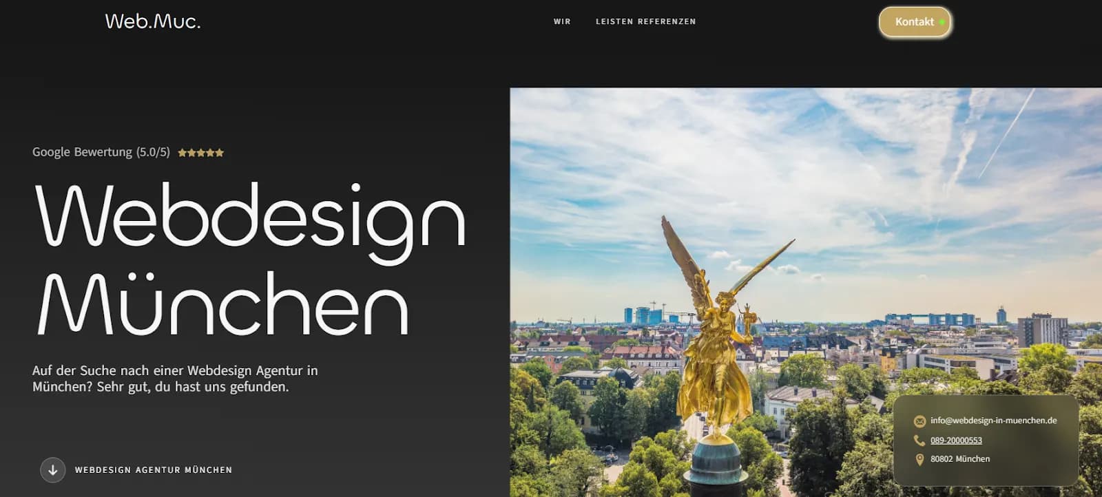 Webseite der Agentur Webdesign in München, die durch lokale Motive wie den Friedensengel ihre regionale Verbundenheit und maßgeschneiderte Lösungen unterstreicht.