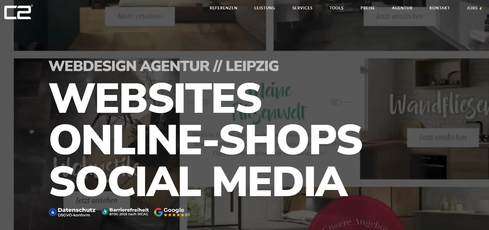 Startseite von C2Media aus Leipzig mit klarem Fokus auf Websites, Online-Shops und Social Media für die digitale Transformation von Unternehmen.