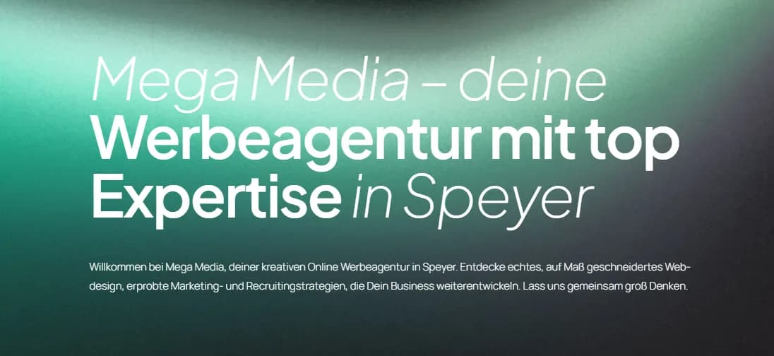 Hero banner of the full-service agency Mega Media, advertising “top expertise” and tailored web design. This illustrates the agency's focus, described in the article, on high-quality design and organized web development for SMEs and e-commerce.