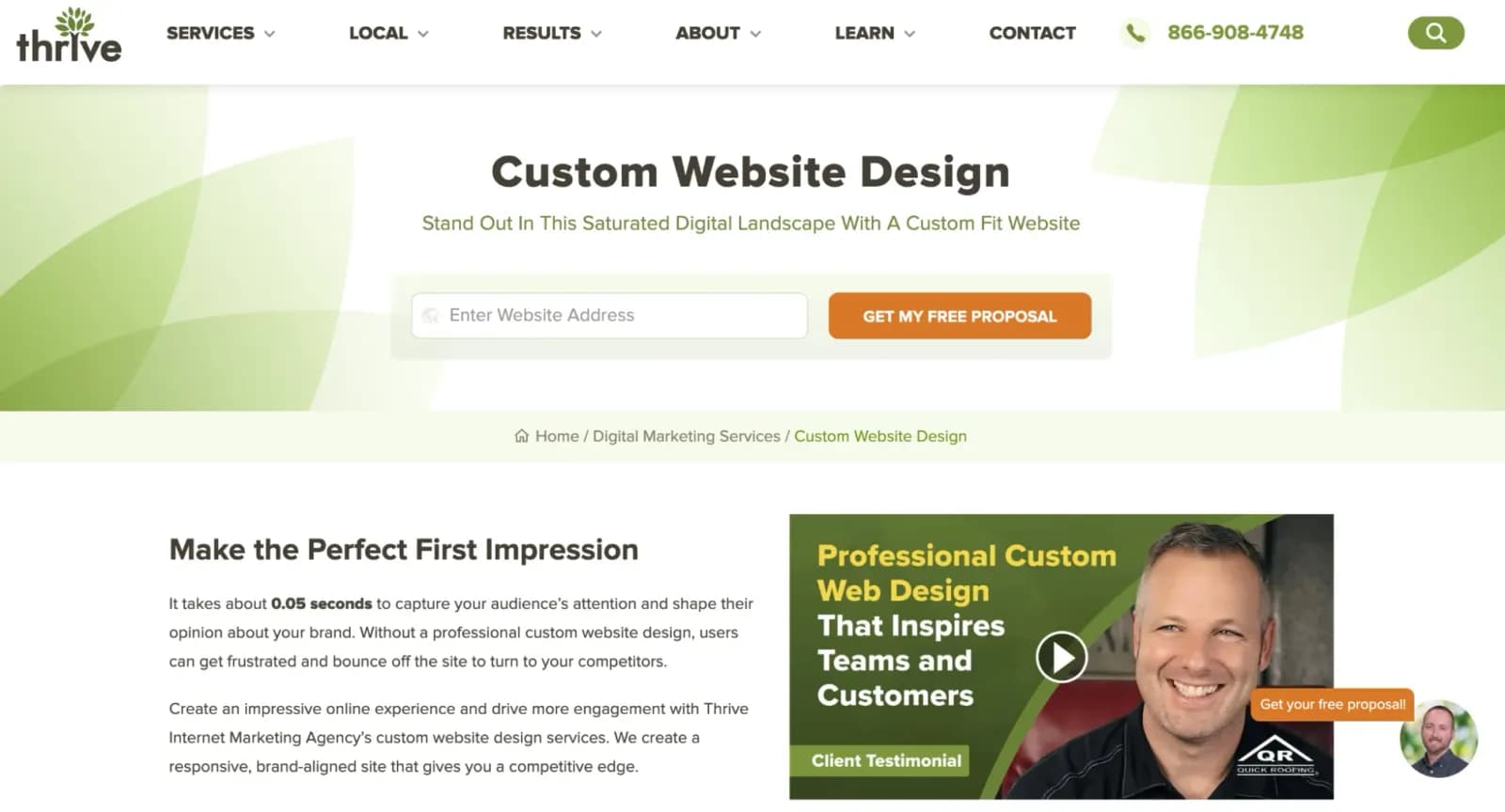 Screenshot of Thrive Agency’s services page highlighting user-focused digital experiences